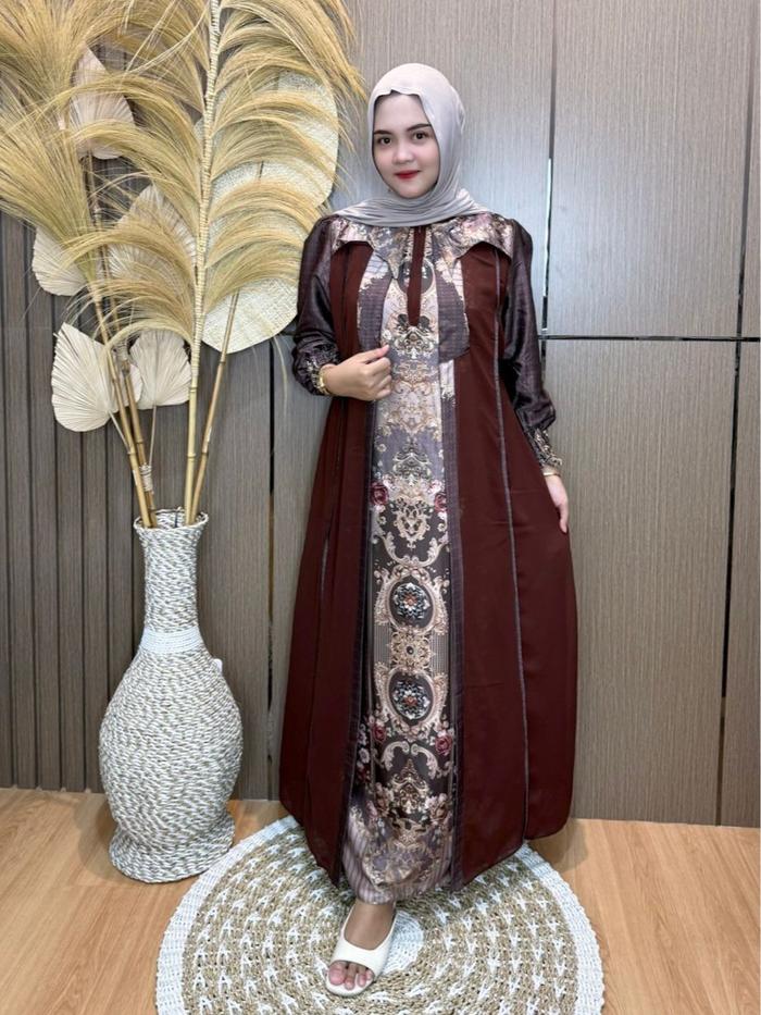 Arnufi - Gamis Avelyn V2 Silk Mix Ceruty Premium Motif Sultan Nyaman Dipakai Lengan Karet Adem gamis
