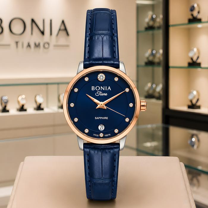 Bonia Tiama Sapphire Glass - Jam Tangan Analog Wanita - Stainless Steel Case - Blue Leather Strap - 