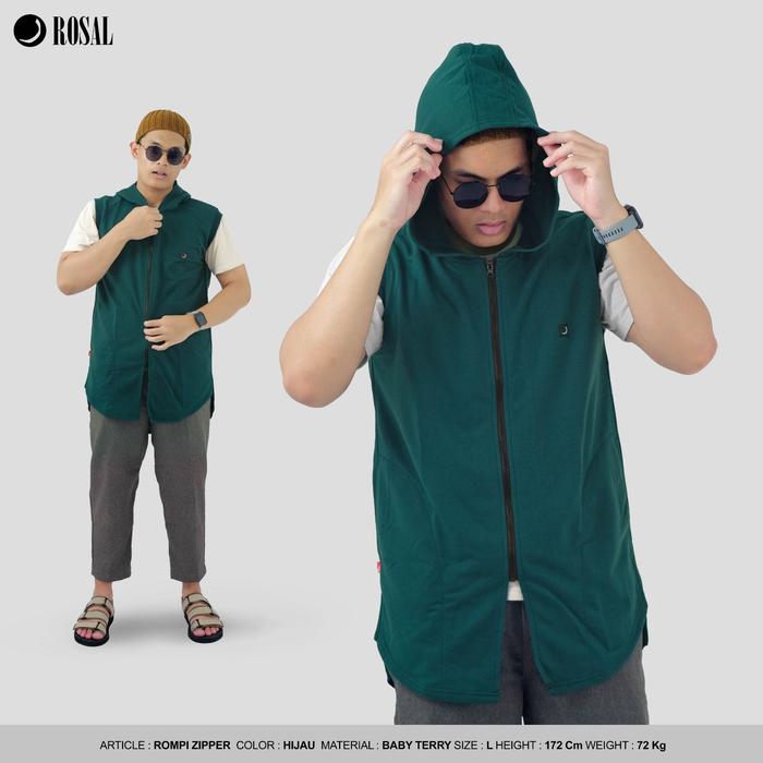 Rompi Zipper ROSAL Hijau - Rompi Sholat Pria Hoodie Bahan Baby Terry Tebal Hangat Praktis Resleting