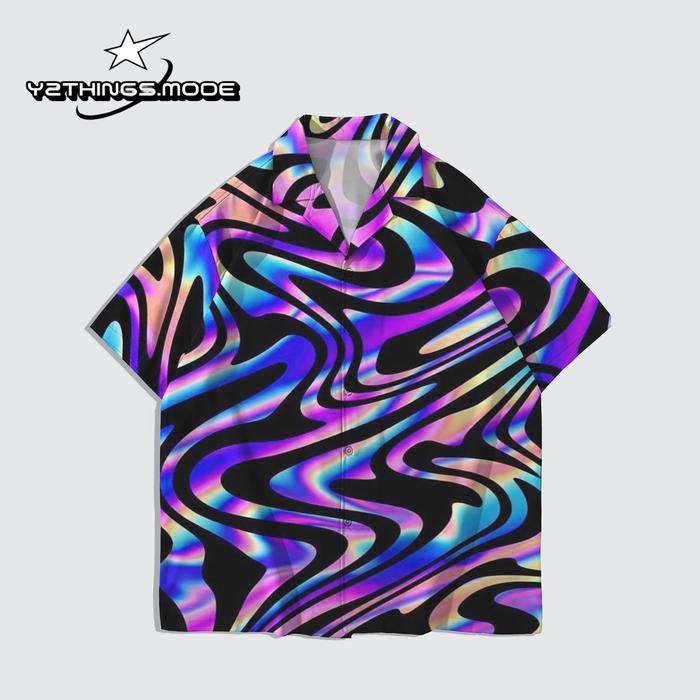 Y2THINGS Kemeja Distro Oversize Motif Abstrak Hologram Warna-warni – Shirt Aesthetic Psychedelic Gel