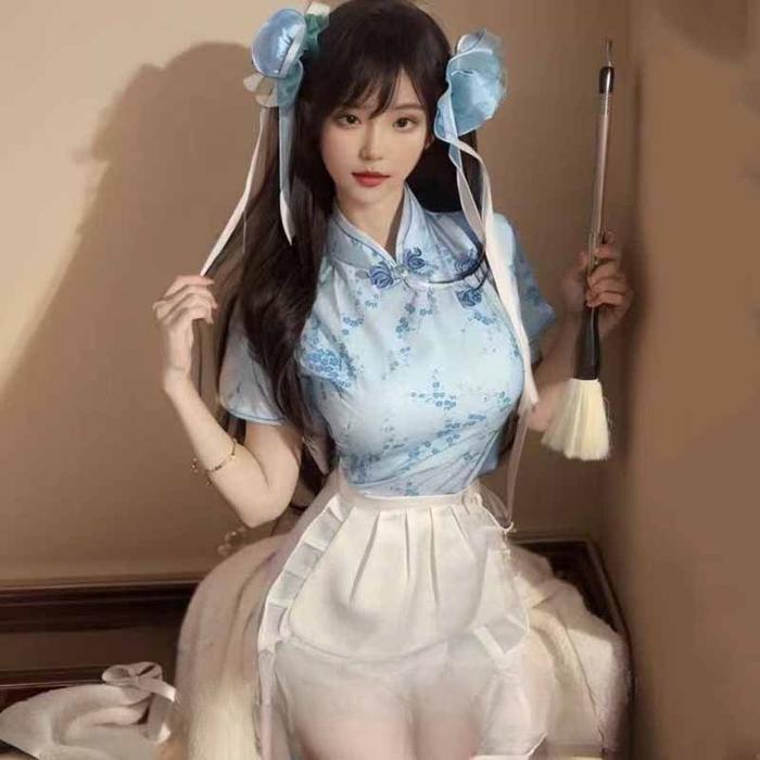 Baju Tidur Sexy Wanita Set Lingerie Sexy Costum Pakaian Elemen Cina LG319 - Biru mauSeksi Hot