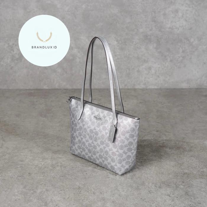 COACH FIONA SIGNATURE MONOGRAM ZIP TOTE BAG IN METALLIC SILVER, BROWN & BLUE