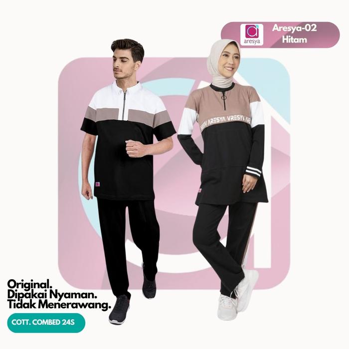 Aresya Setelan Baju Olahraga Couple Pria Wanita Sporty Aresya-02 Hitam Bahan Cotton Combed 24's Lemb