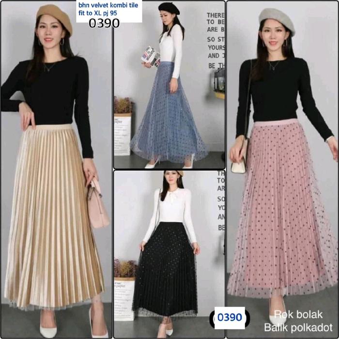 Rok tutu panjang 95cm motif bolak balik polka/polos Bhn Velvet Kombi tile