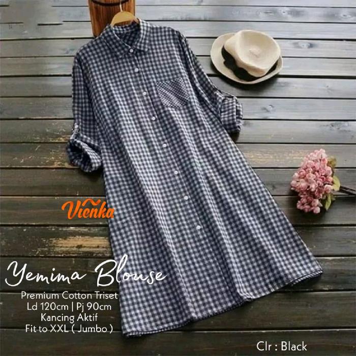VIENKA Baju Wanita Yemima Kemeja Tunik Jumbo Katun Kotak-Kotak Premium Cotton Triset Fit to XXL