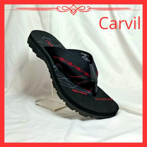 Sandal Carvil Hitam Merah - TPR Thermoplastic Rubber, EVA Rubber Press Insole, Flat Heels - Sendal S