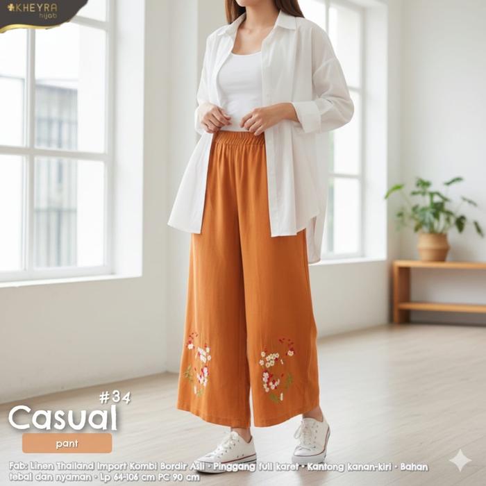 Casual pant #34 wanita by KHEYRA HIJAB (celana panjang wanita, bahan linen aplikasi bordir)