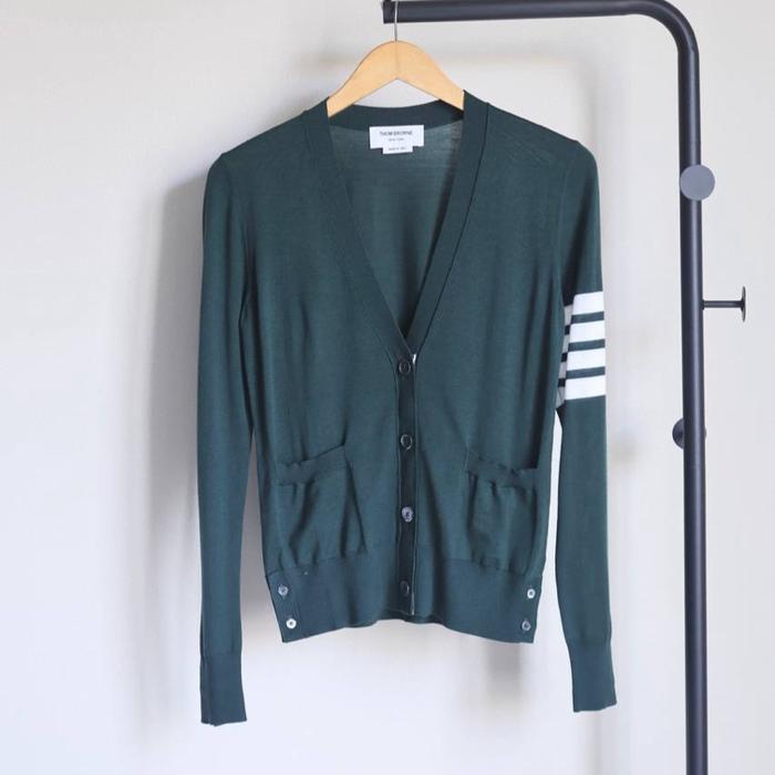 Thom Browne 4 bar wool cardigan in dark green
