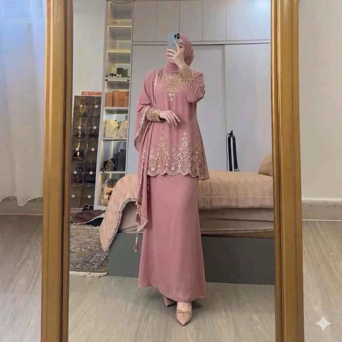 One set melayu bordire terbaru Baju malays motif bordire hijab + selendang setelan Baju wanita malay