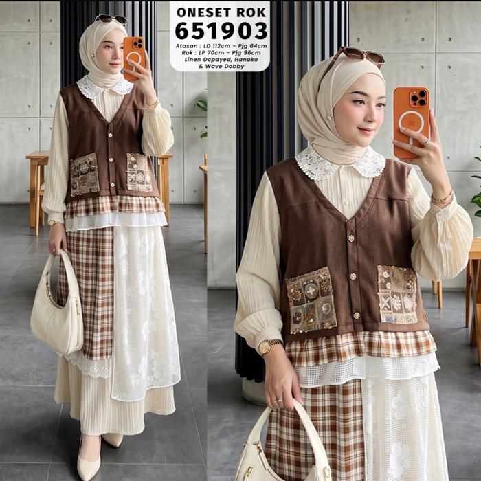 Asyaazka (PO) Choco Paula Setelan Rok Motif Hanako Wave Doby untuk Setelan Wanita Elegan