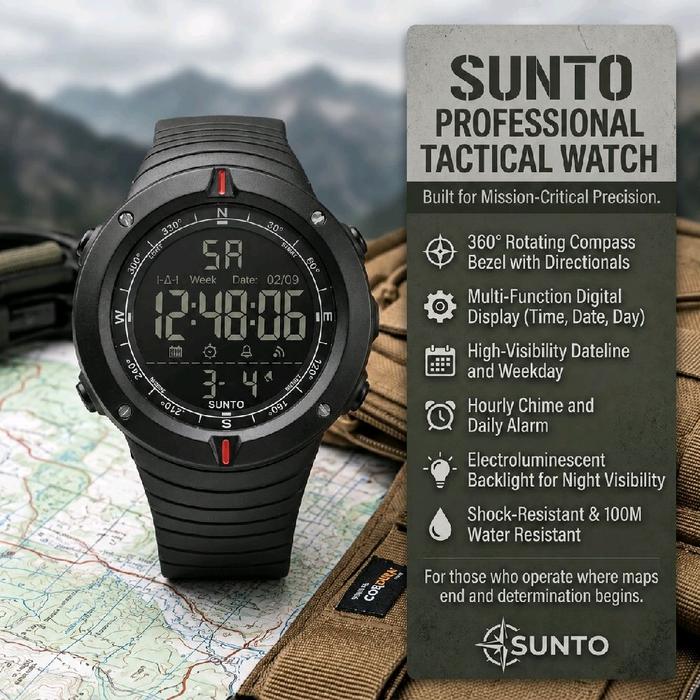 SUNTO Jam Tangan Profesional Tactical dengan Kompas 360°, Tampilan Digital Multifungsi, Alarm Harian