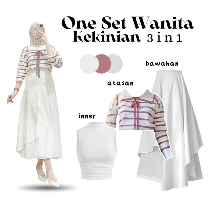 One Set Wanita Remaja Hijab Blouse Motif Garis Kerah Pita & Rok Susun & Inner Tanktop Buntung LR68