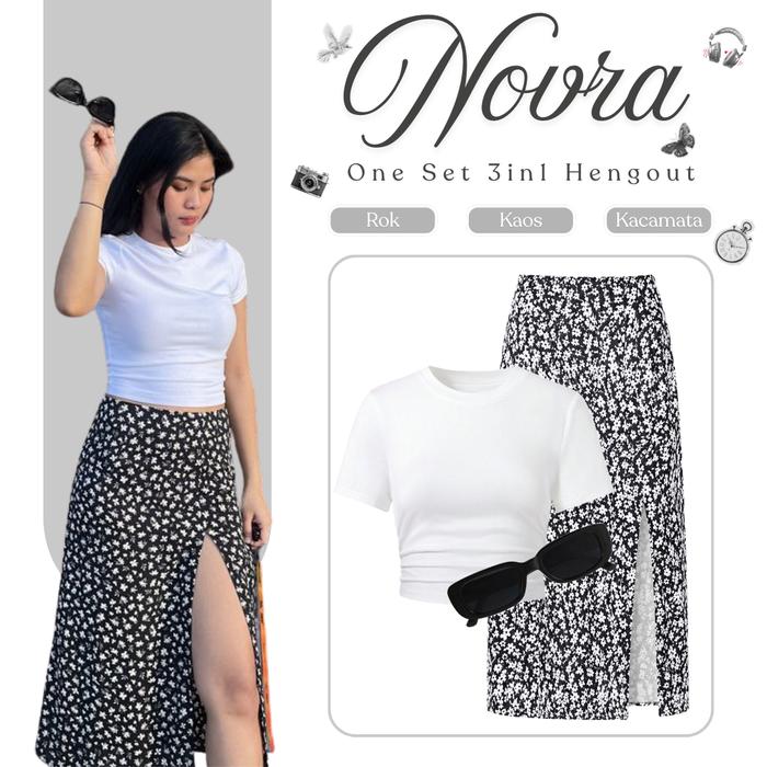 Novra One Set 3in1 (Kaos Crop Top Rok Skirt Midi Floral Kacamata) Setelan Fashion Wanita Korean Styl