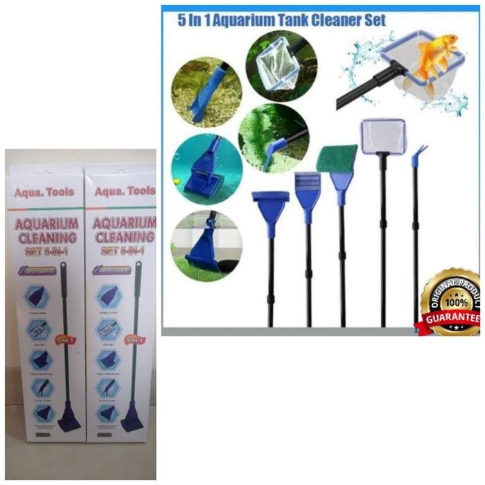 AQUA TOOLS COMPLETE 5 in 1 Aquarium Cleaning Alat Pembersih Air Kaca Aquascape Serokan Ikan Tongkat 