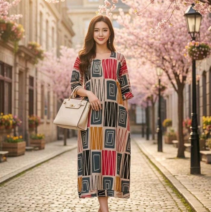 Ds Wiru Issabella Dress Wanita Motif Geometris Warna-warni untuk Tampilan Elegan dan Stylish