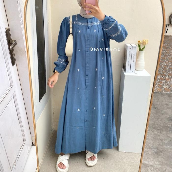 Qiavi shop - Gamis bordir liner premium warna denim white maroon beige / dress linen bordir / dress