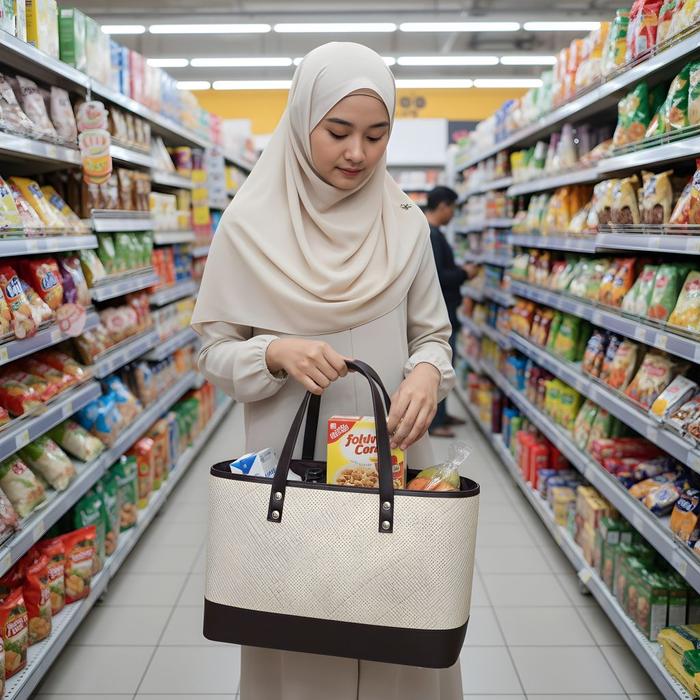 Akmal Handycraft Tas Belanja Unik Jumbo Anyaman Pandan & Kulit Sintesis Hitam Coklat Gold Ukuran Jum