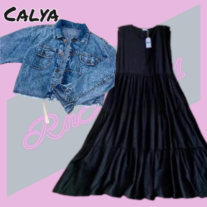 SETELAN ONESET Wanita Set Jaket Jeans Crop + Dress Airflow Premium Busui Friendly Gamis Muslim Crink