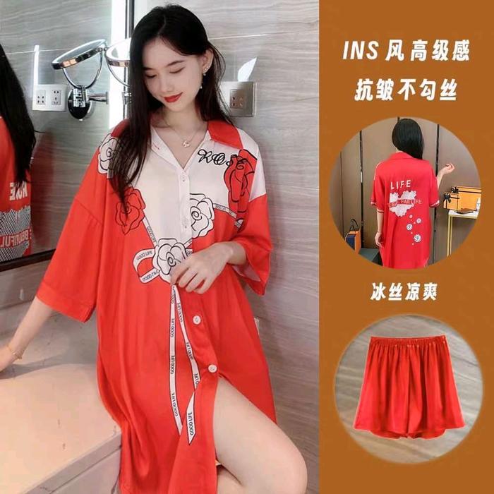 DRESS SATIN IMPORT HALUS / DASTER BAJU TIDUR SANTAI IMPORT WANITA LENGAN PENDEK BAHAN SATIN Piyama L