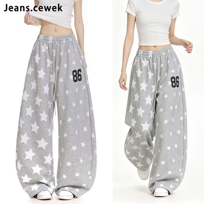 【Jeans.cewek】Celana Panjang Wanita Motif Bintang Abu-Abu, Model Jogger Longgar, High Waist, Pinggang
