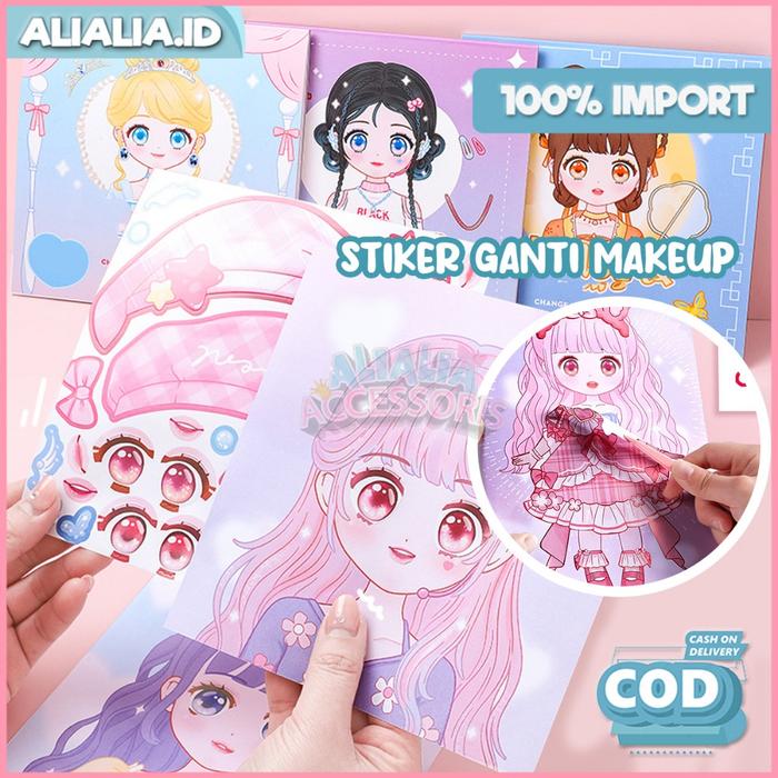 Buku Sticker Mainan Anak Perempuan Kartun Change Makeup Stiker DIY Lucu Berdandan Ganti Pakaian Muka