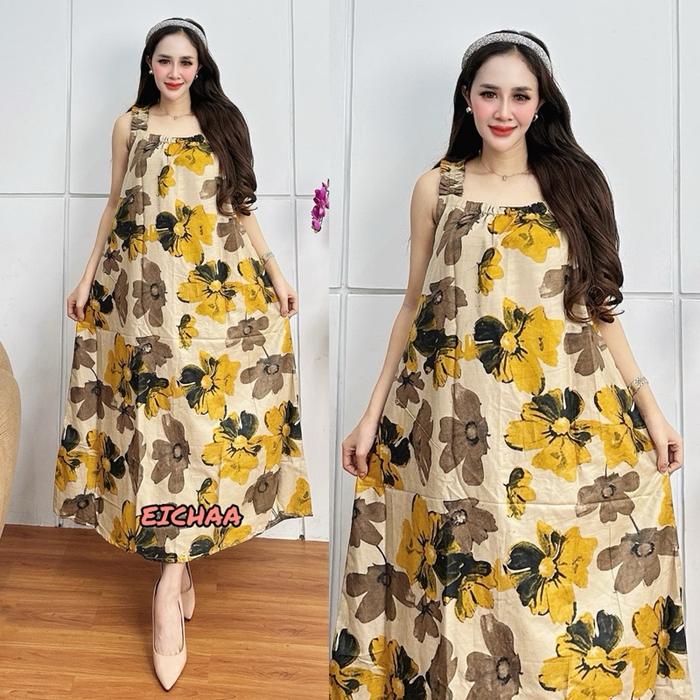 YUKENSI KARET DRESS KUTUNG DASTER RAYON TANPA LENGAN MOTIF BUNGA JUMBO Bali Wanita Bumil