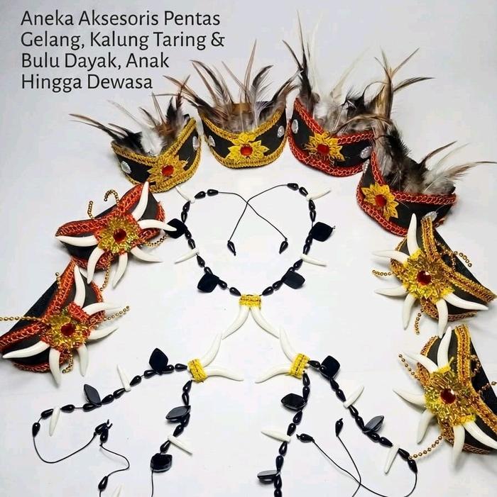 ANEKA GELANG DAN KALUNG TARING BAHAN AKRILIK KUAT & BULU Dayak Dengan Batu Permata SEPASANG Untuk Pe