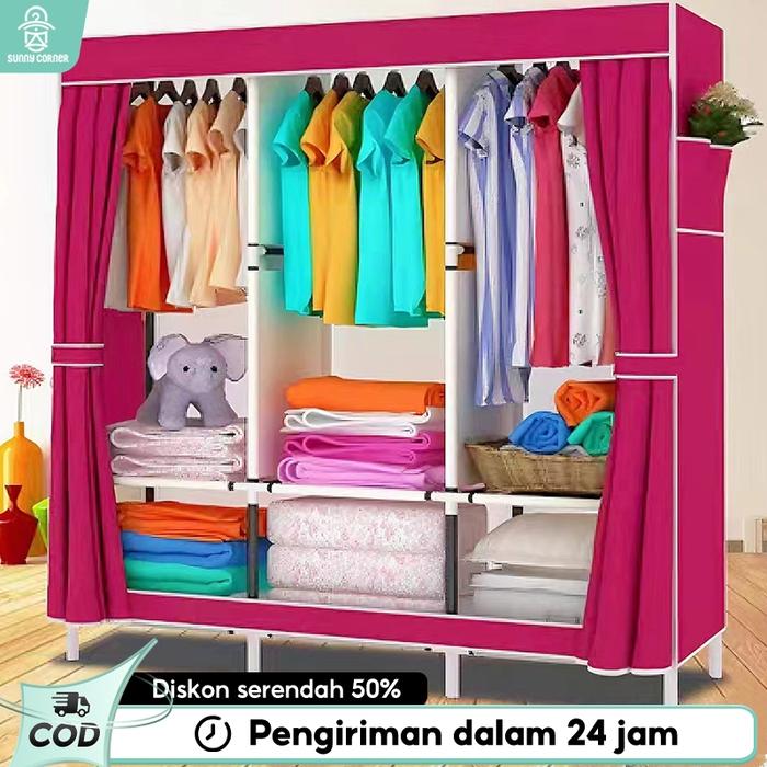 Lemari Pakaian Kain Portable Lemari Portable Jumbo lemari 3 sekat Resleting Lemari Rak baju COD