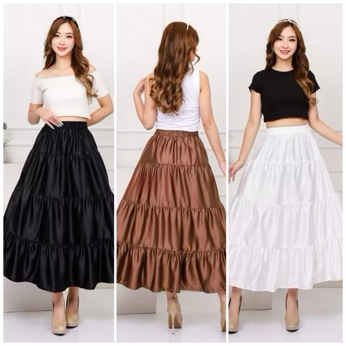 Rok Satin Maxi Skirt Rok Satin Panjang Rok Satin Santai Rok Satin Rempel Wanita Dewasa Pendek Remaja