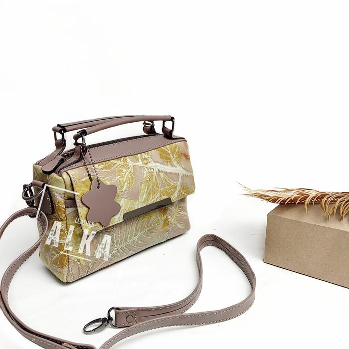 Tas Selempang Bahu Jinjing Slingbag Wanita Perempuan Kulit Sapi Asli Garut Ecoprint ALKA