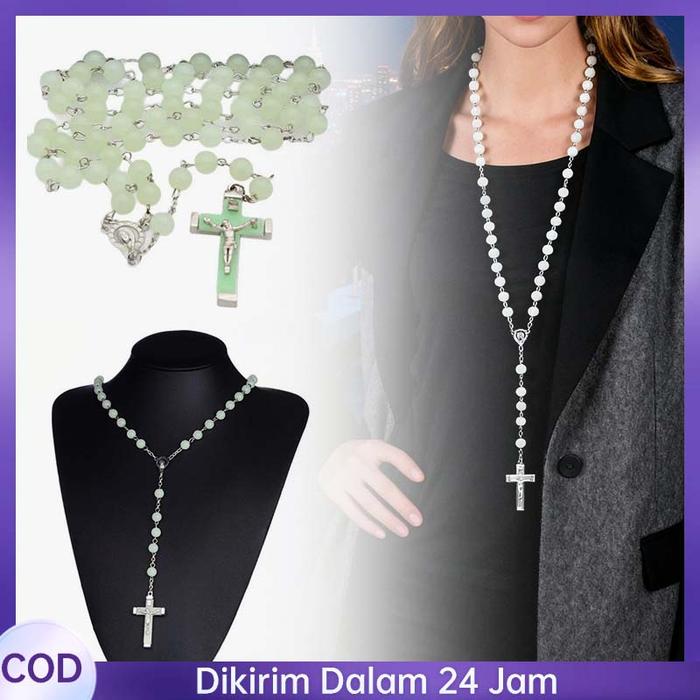 8mm Rosario Katolik Kalung Fluoresensi Rosario Fosfor Menyala Aksesoris Kalung Rosario Kecil