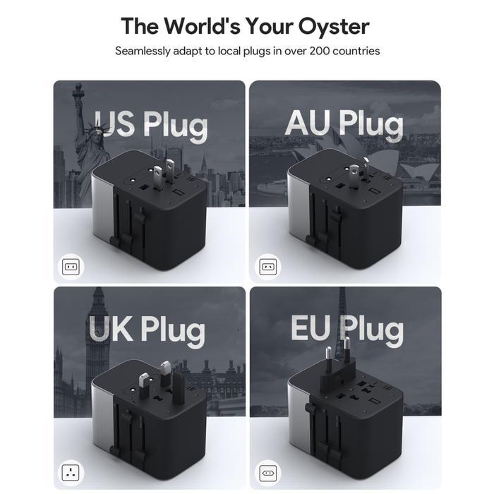 Terlaris Aukey Universal Travel Adaptor Gan Type C 65W 5 Multiple Ports Uk Us Eu Mode 1 Usb A & 4 Us