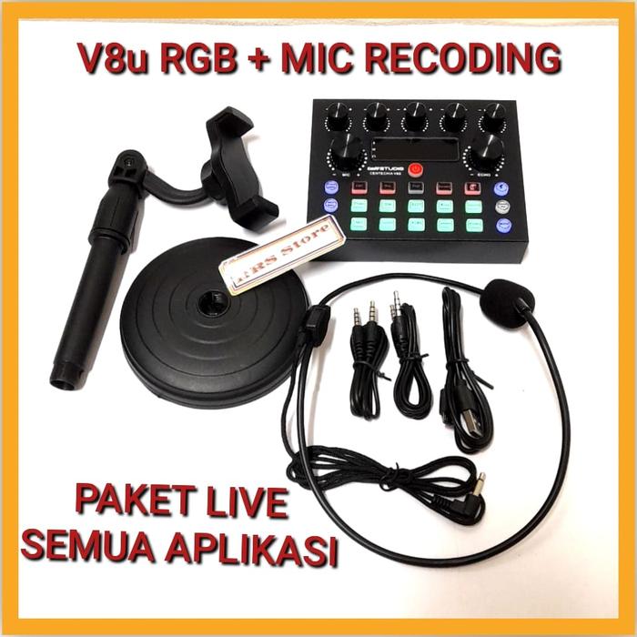 satu paket live semua aplikasi sound card v8u RGB dan mic klip bando kecil dan holder hp Mixer USB E