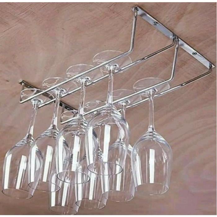Rak gelas bar 2 baris rak gelas gantung stainless 2 rail.gantungan gelas