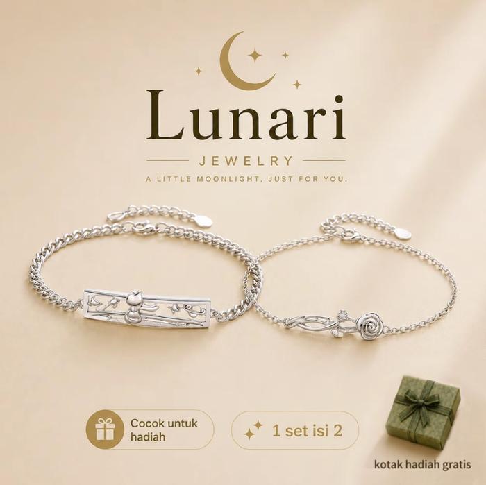 Gelang Couple Perak S925 Motif Pangeran Kecil & Mawar Lunari Jewelry 1 Set Isi 2 Gratis Kotak Hadiah