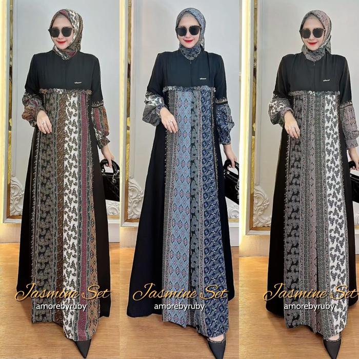 ￼JASMINE SET DRESS AMORE BY RUBY GAMIS CREPE MIX CERUTI MOTIF TRIBAL BUSUI FRIENDLY ALL SIZE TERLARI