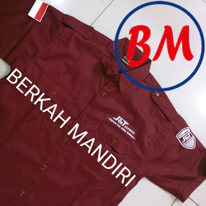 Kemeja premium jnt express warna maron tangan pendek kantong dua full bordir