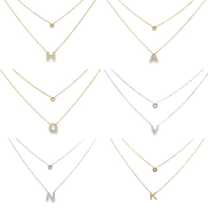 TDA Gold Double Layer Initial Necklace with Bezel Kalung Emas Berlian Asli Wanita