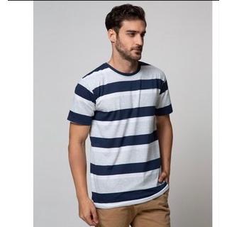 Kaos/T-Shirt Details Non Sablon Garis Besar Biru Tua: Misty Biru Muda & Putih