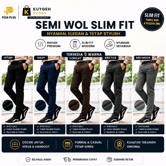 Celana Bahan Dasar Kantor Slimfit Pria Poin Plus Original Ukuran (27- 38) Formal Panjang Nikah Slim 