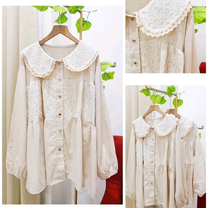 Atasan lengan panjang / tunik lengan panjang / kerah dada renda Linen