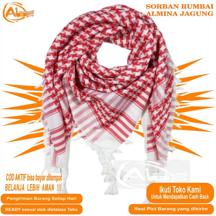 SORBAN SHEMAGH SURBAN ARAB ALMINA MOTIF KOTAK JAGUNG SORBAN RUMBAI RONCE GROSIR BERKUALITAS Bahan Le