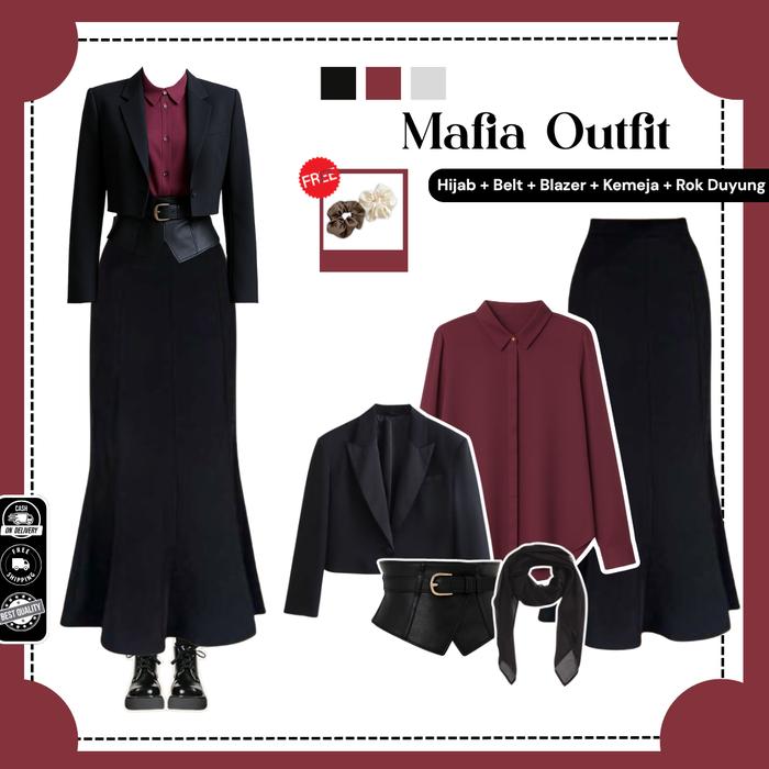 Outfit Yearbook Mafia ( Hijab + Belt + Blazer + Kemeja + Rok Duyung ) One Set Ootd Mafia Wanita Set