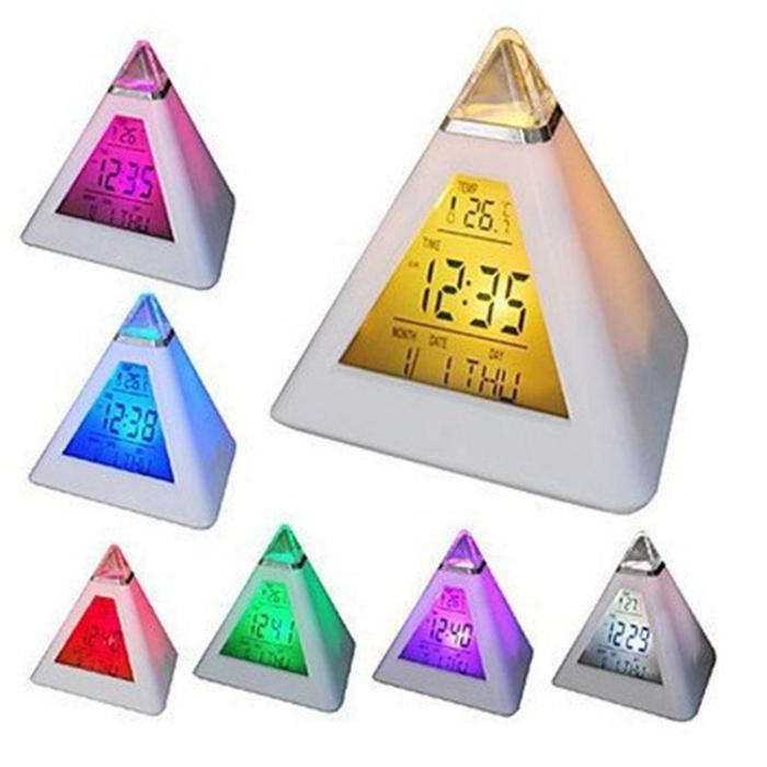 Termometer Jam Meja Digital 7 Warna Piramida LCD Alarm Jam Meja Lampu
