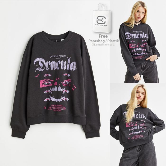 Crewneck HM Dracula Black Wash Sweater Wanita Dracula Broken White Dark Grey Washing