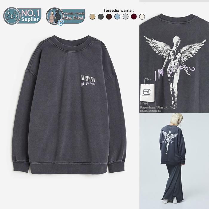 Crewneck Nirvana In Utero Peri Dark Grey Original Black Wash Hitam Buluk Sweater Washed Wanita Fleec
