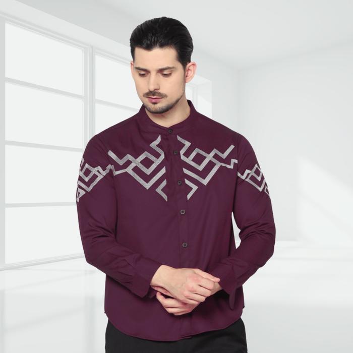 AA - Burgundy Koko pria dewasa lengan panjang motif batik full bordir super premium terbaru lebaran 