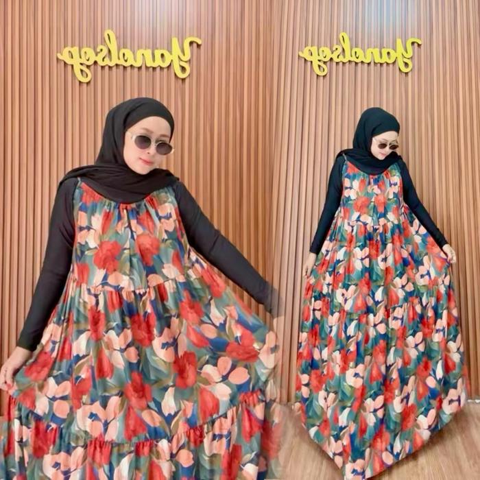 Overall Long Dress Pantai motif bunga Rayon premium Wanita Santai Panjang Outer Gamis Nyaman Cantik