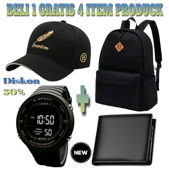 Paket Hemat Beli 1 Gratis 4 Tas Ransel, Jam Tangan Lasika, Topi, dan Dompet Pria Sekolah Backpack ta