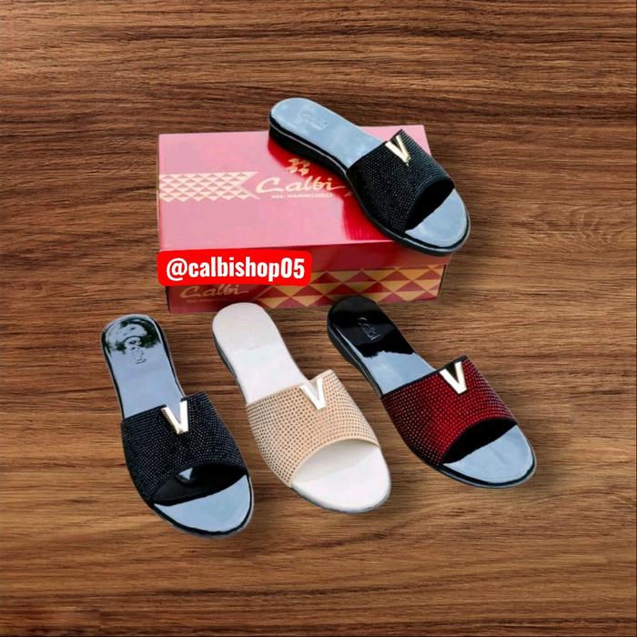 Calbi Original Sandal Calbi Model Selop Hak Tipis 1cm Berhias Permata Polos Cantik dan Elegant untuk